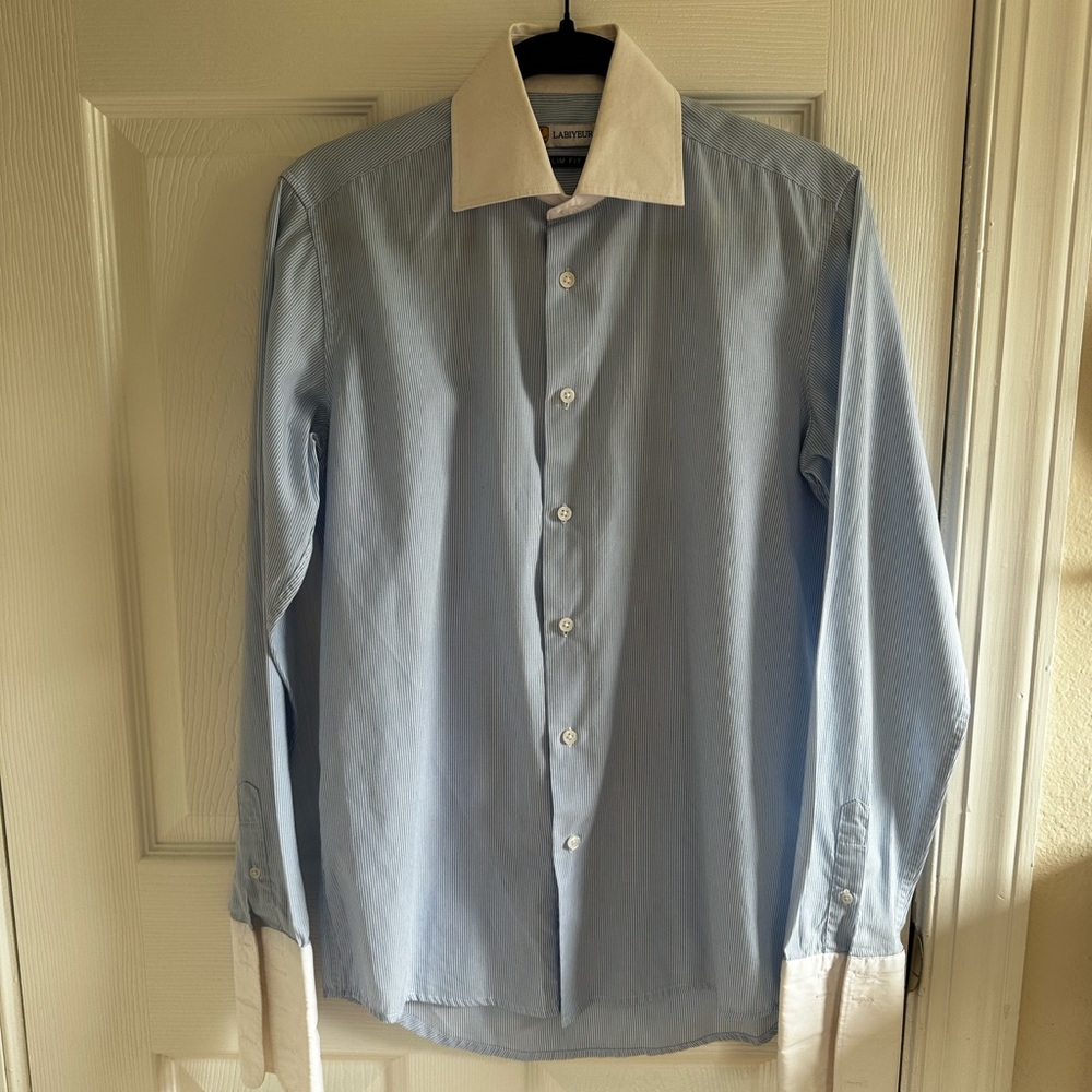 Blue and White Dress Shirt with Classic Point Collar